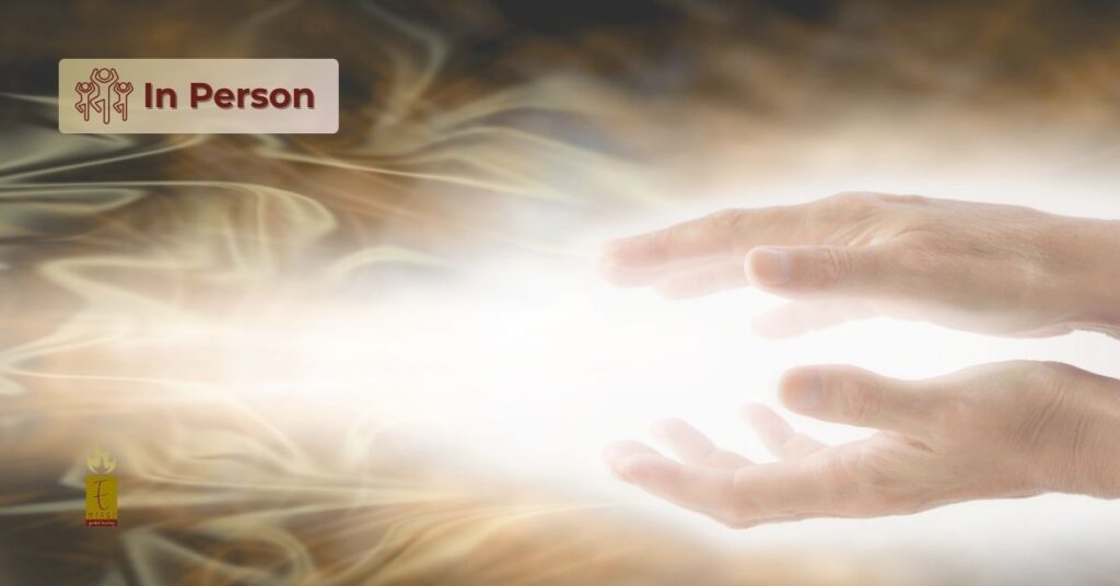 Text "Reiki Share" with an in-person label and icon overlay an image of cupped hands extended with gold glowing light flowing from them.