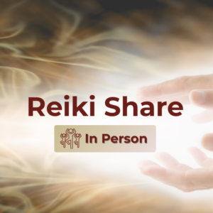 Image of outstretched cupped hands beaming glowing light overlaid with text that reads: "Reiki Share In-Person".