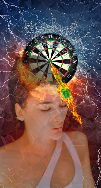 Woman meditating with a fiery dartboard over her head, struck by a flaming dart--symbolizing energetic intrusions and the power of extraction healing.