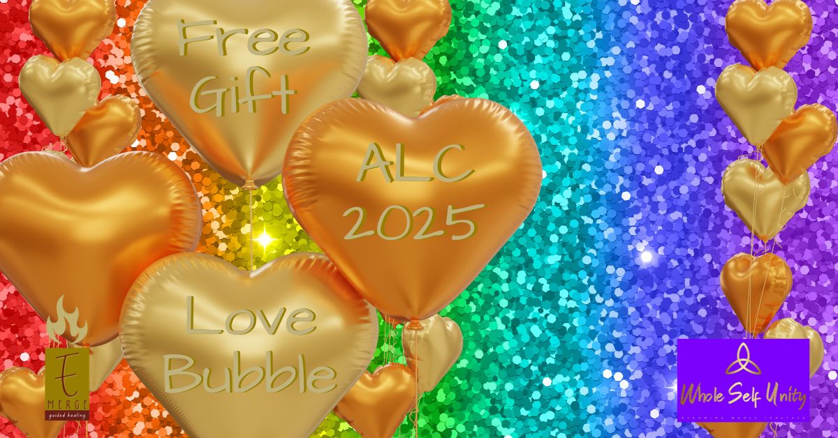 Golden balloons over a sparkling rainbow background to celebrate AIDS/Life Cycle 2025 with free meditations for energy reset and rest.