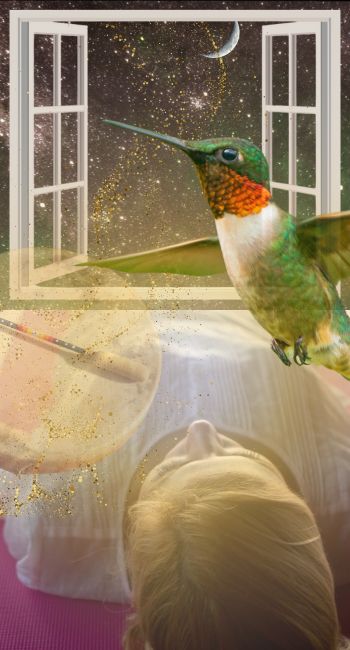 Woman meditating on a yoga mat, with a dreamlike shamanic drum and a hummingbird flying out a window and into the stars.
