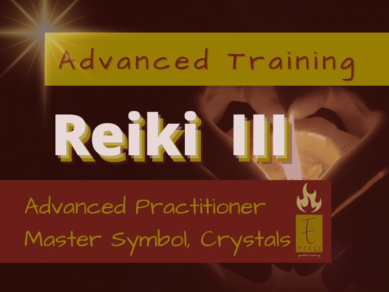 Image of hands formed in a heart cupped around a candle flame with the Emerge logo and Reiki III Class as title text.