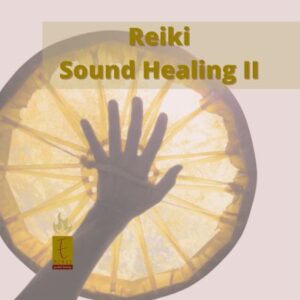 Hand shown in silhouette across a brightly lit hand drum with the Emerge Guided Healing logo for Reiki Drumming (Sound Healing II).