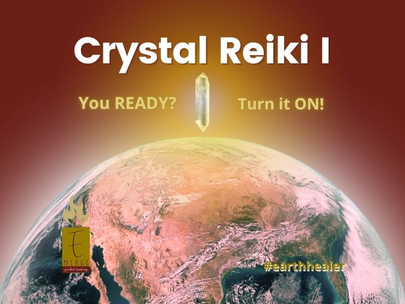 Image of a glowing earth with a crystal above it, beaming down healing light, with the Emerge Guided Healing logo and colors.