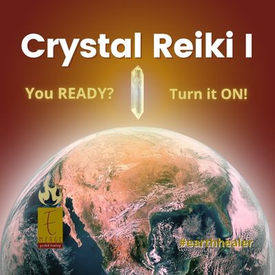 Image of the earth from space with a glowing crystal floating above it beaming healing light into the atmosphere.