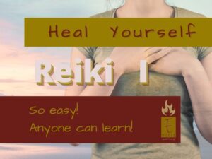 Image of a woman with her hands over her glowing heart, healing herself with Reiki.
