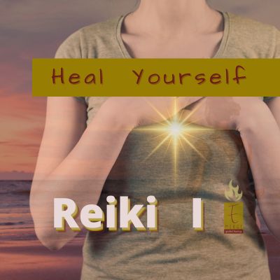 Image of a woman with both hands over her heart with healing light glowing. Reiki I, Heal Yourself is the text with the Emerge Guided Healing logo.