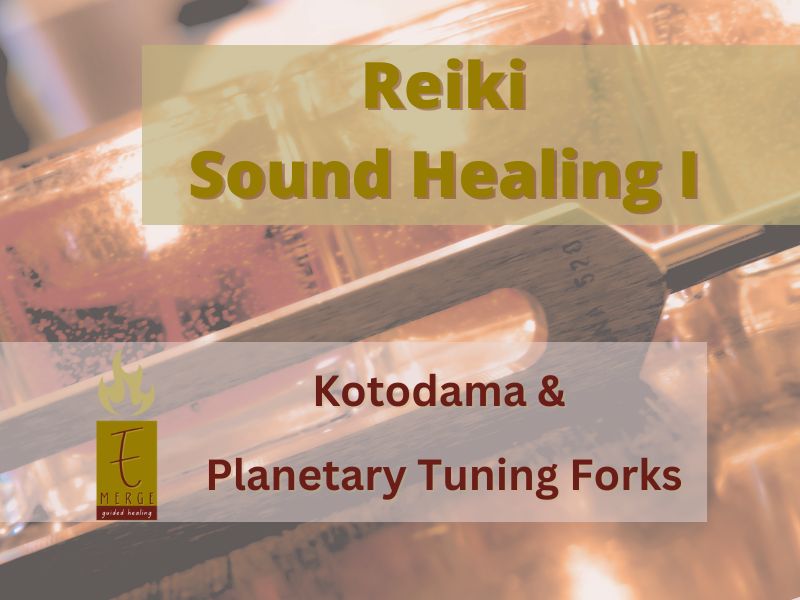 Background image of a tuning fork and lit candles with text: "Reiki Sound Healing I" and the Emerge logo.
