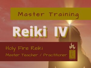Image of Woman meditating with light beaming onto the top of her head, with Emerge Guided Healing logo and text Holy Fire Reiki Master Training.