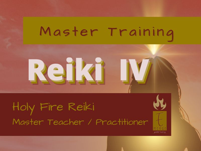 Image of Woman meditating with light beaming onto the top of her head, with Emerge Guided Healing logo and text Holy Fire Reiki Master Training.