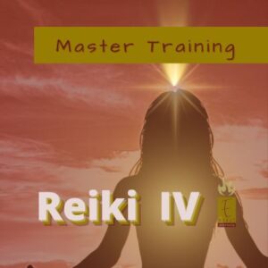 Image of woman meditating with heart glowing and bright light over her head. Holy Fire III Reiki Master Training and Emerge Guided Healing Logo.