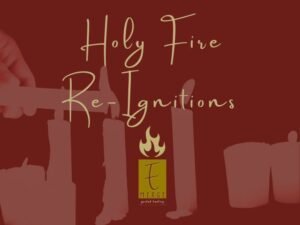Images of candles lighting other candles with the text "Holy Fire Re-ignitions" with the Emerge Guided Healing logo.