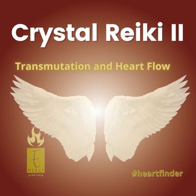 Background image of angel wings with text that reads: "Crystal Reiki II: Transmutation and Heart Flow" with the Emerge Guided Healing logo.