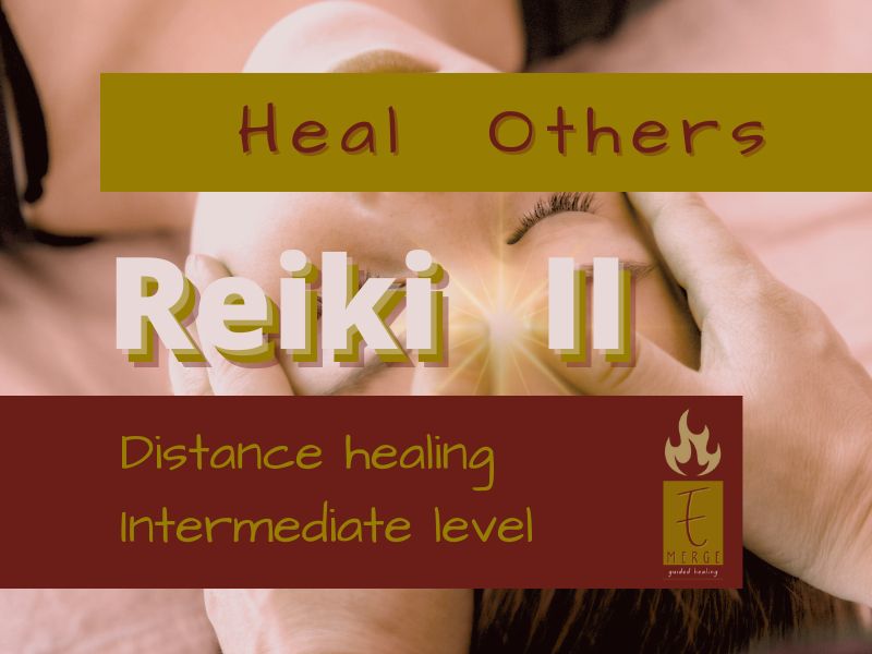 Background image of a woman receiving a Reiki session from the viewer, with the Emerge Guided Healing logo for Reiki II class