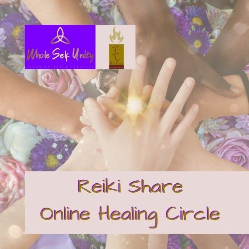 Images of hands stacked in the center of a circle over a background of purple flowers; text reads "Reiki Share - Online Healing Circle" with the logos of Whole Self Unity and Emerge Guided Healing.