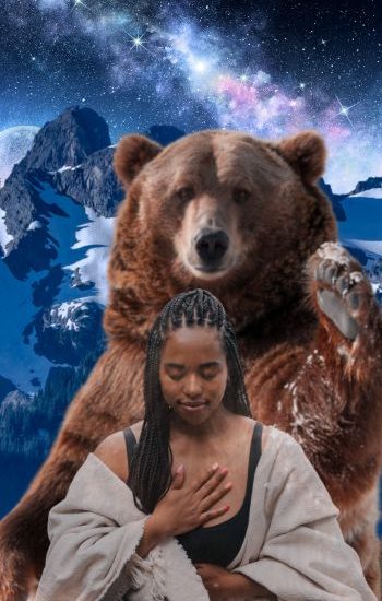 Guided meditation for power animal retrieval and energetic support Person meditating with a powerful bear spirit behind them, under a starry night sky. This symbolizes the power, protection, and presence of power animals.
